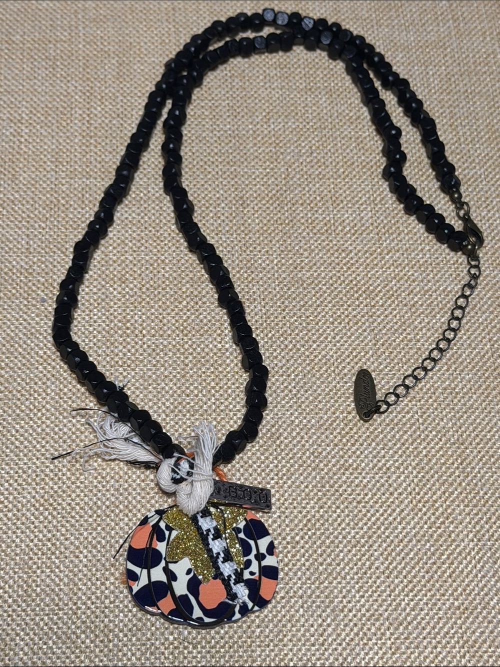 Plunder Black Beaded Necklace with Multicolor Patterned Pendant